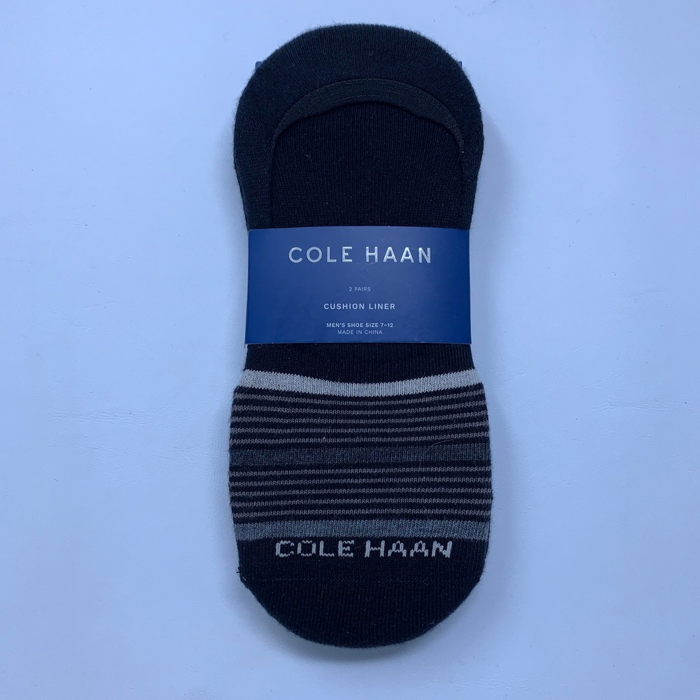 Cole Haan Mens 7-12 Black Striped 2-Pack Cushion Liner No Show Socks